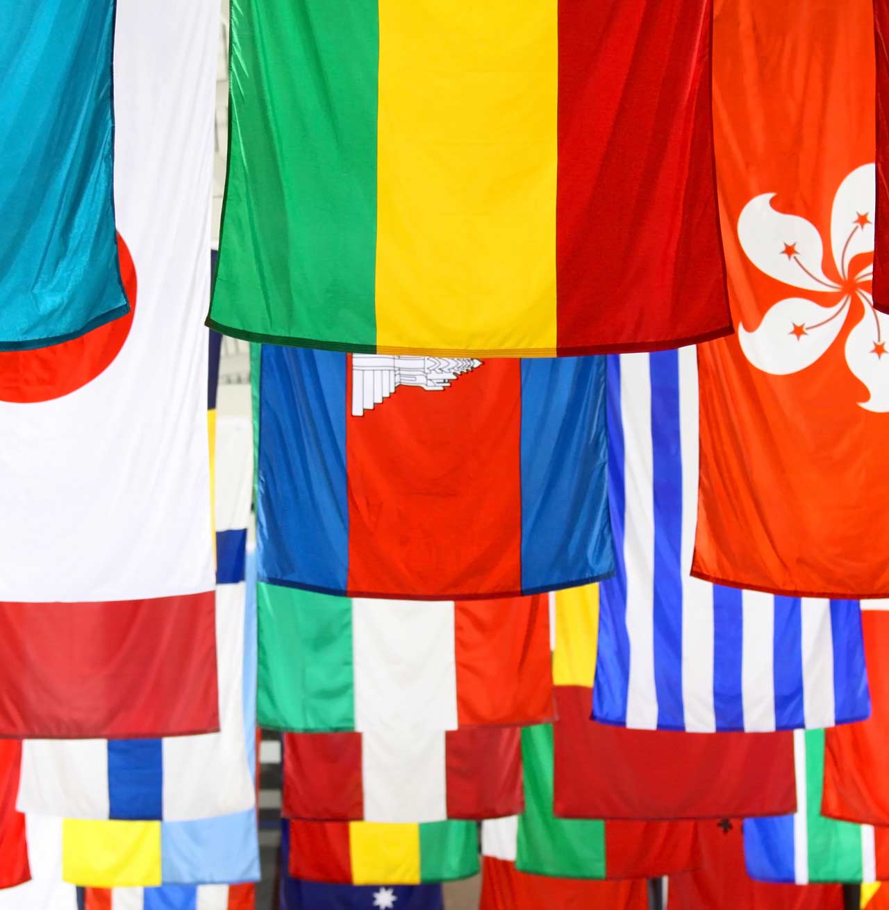 Flags representing different countries hanging from their short edge
