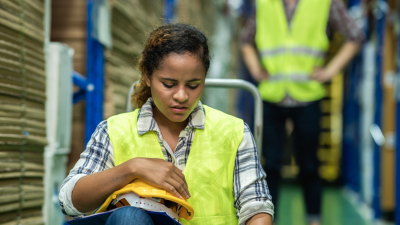 A woman wearing a hi vis jacket, she is seen kneeling down with a man behind her.