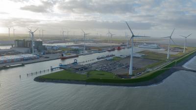 Wind farm integrated into port sea defence system