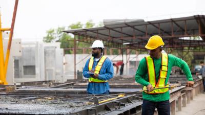 Two construction workers in a building site mixing concrete in Africa.