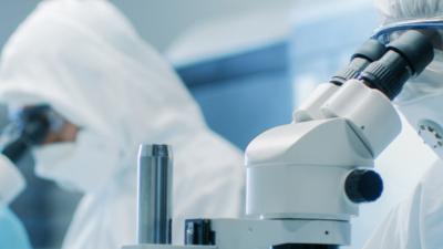 Scientists looking through microscopes