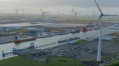 A wind farm within a busy port.