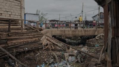 Extreme plastic pollution in a river through the Kibera slum in Kenya.