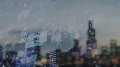 Abstract graphic coding sketch on blurry skyscrapers background big data and networking concept