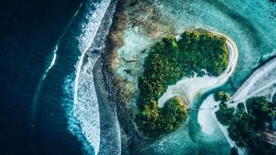 Aerial view of island and ocean, sea, beach