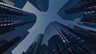 Reflective skyscrapers and business office buildings.
