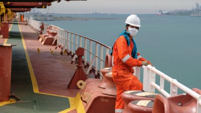 seafarer on main deck of cargo ship