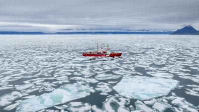 Aerial View of Canadian Ice Breaker in Thick Sea Ice, Baffin Island, Nunavut, Canada