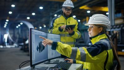 Factory Female Industrial Engineer Works on Personal Computer She Designs 3D Engine Model, Her Male Colleague Talks with Her and Uses Tablet Computer. 