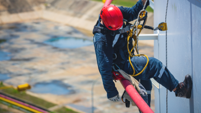Worker hanging from rope