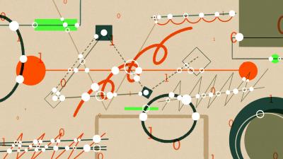 Abstract digital graphic with white nodes connected by lines, featuring orange circles, green bars, and binary numbers on a beige background.