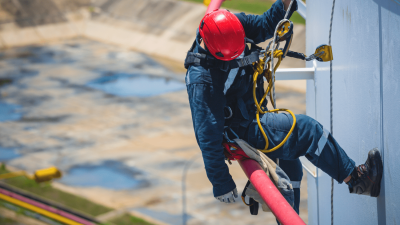 Worker hanging from rope