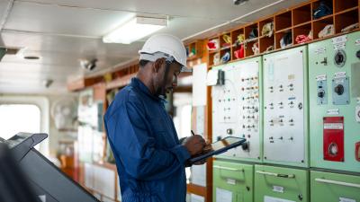 Worker in blue coveralls and white hard hat using tablet in ship control room with green control panels.