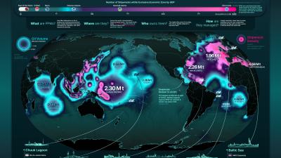 Infographic showing global map of 8,500 toxic shipwrecks, with oil volume hotspots and environmental impact data across oceans.