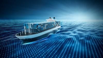 Digital graphic of a cargo container ship sailing across a glowing blue digital grid ocean.