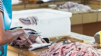 Woman cutting fish in market