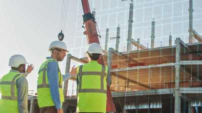 Construction workers at a work site discussing building work