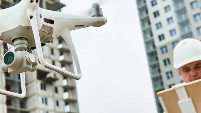 construction worker operating a drone